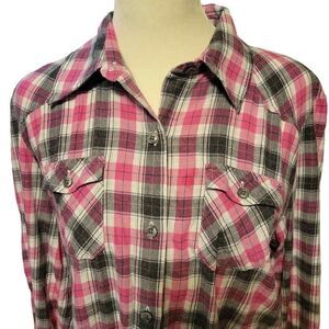 Izod 100% Cotton Pink and Gray Plaid Women's Button Down Shirt Size Medium